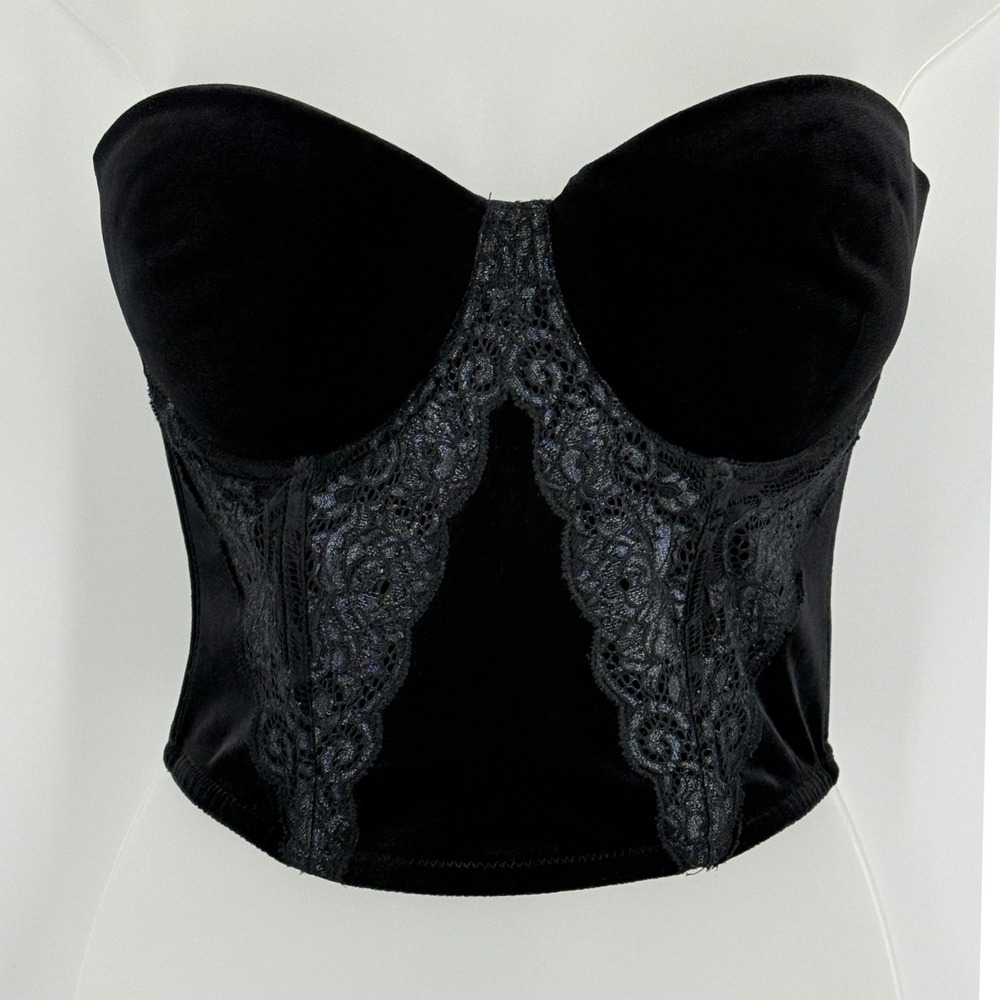 Velvet Lace Corset Top Womens sz 34D Black Whimsigoth Witchy Goth Coquette